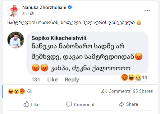 "დავაი სამტრედიიდან! კახპა, ძუკნა ქალო" - ერთ-ერთი სოფლის გამგებელი ნანუკა ჟორჟოლიანს