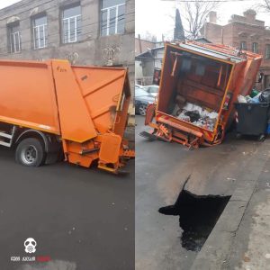 თბილისში საავტომობილო გზაზე ასფალტი ჩავარდა და ნაგვის მანქანა ჩაიყოლა - ნახეთ ფოტოები