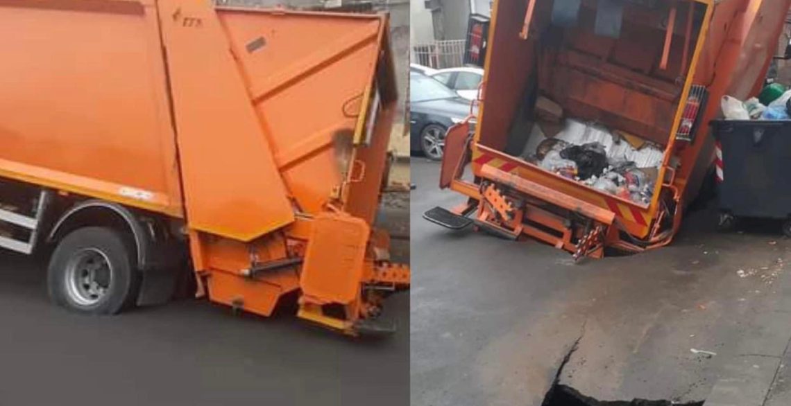 თბილისში საავტომობილო გზაზე ასფალტი ჩავარდა და ნაგვის მანქანა ჩაიყოლა – ნახეთ ფოტოები