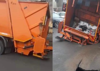 თბილისში საავტომობილო გზაზე ასფალტი ჩავარდა და ნაგვის მანქანა ჩაიყოლა – ნახეთ ფოტოები