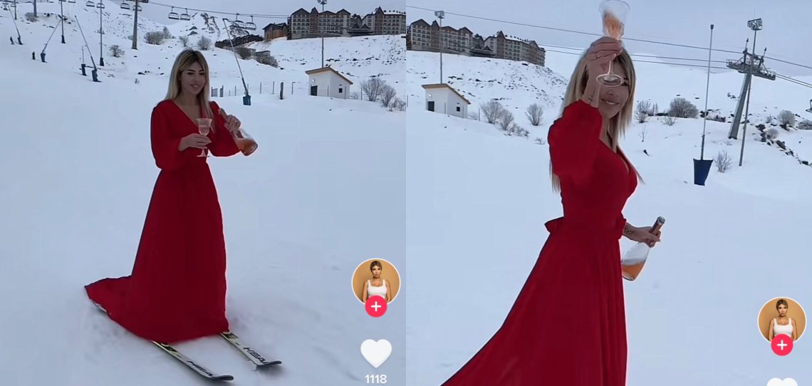 🎥VIDEO: ზაფხულის კაბით თხილამურებზე შემდგარი თამო ვაშალომიძე გზადაგზა შამპანურს სვამს – ვიდეო ნახვების რეკორდს ხსნის