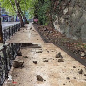 კოსტავას გამზირზე წვიმის შედეგად კლდიდან ქვები ჩამოიშალა