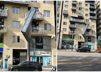 📷 PHOTO: კანდელაკის ქუჩაზე სარეკლამო ბანერი “ჰაერში ჰკიდია” – რა კადრები ვრცელდება ადგილიდან