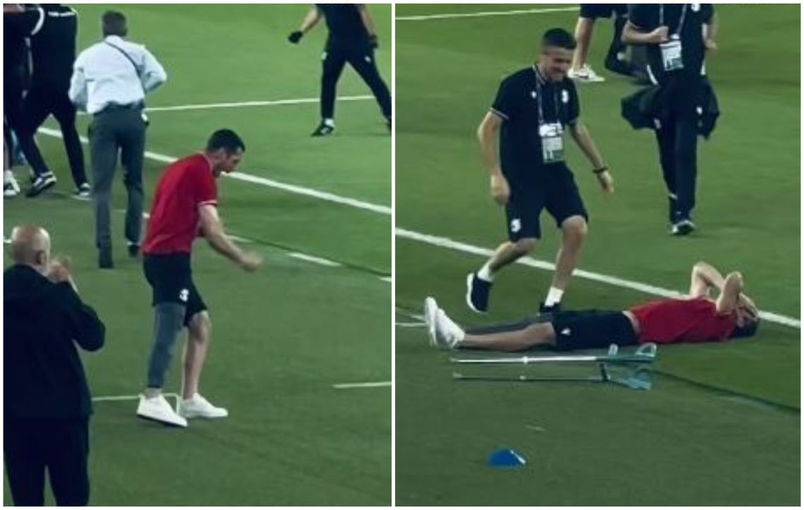 🎥 VIDEO: ტრავმირებულლმა ნიკა გაგნიძემ გამარჯვების შემდეგ ყავარჯნები გადაყარა და ემოციებისგან სტადიონზე გაწვა – ყველაზე ამაღელვებელი კადრები “დინამოდან”