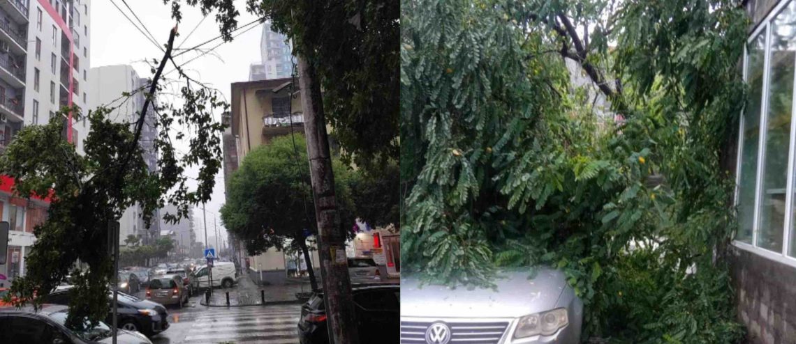 მოგლეჯილი ხეები და დაზიანებული მანქანები – სტიქია ბათუმში