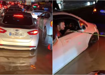 VIDEO: როცა სტიქიის დროსაც არ კარგავ განწყობას – საცობში გაჭედილი ავტომობილის მგზავრი დატბორილ ქუჩაში თევზაობს