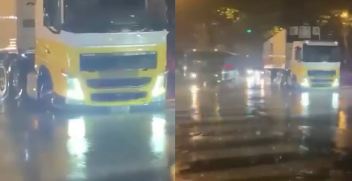 VIDEO: ერისთავის გადასახვევთან გზა ჩავარდა და ტრაილერი გაიჭედა