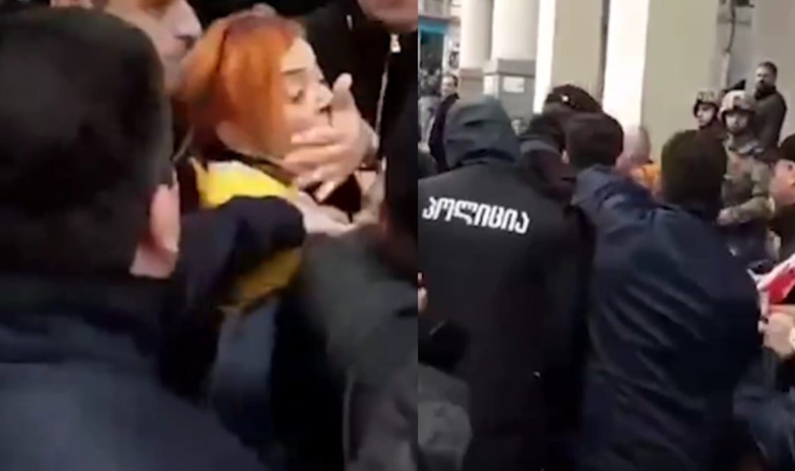 🎥 პოლიციამ ძალის გამოყენებით ტერიტორია დაატოვებინა და პირზე ხელის აფარებით გააჩუმა მოქალაქე, რომელიც რუსულ რეჟიმს აპროტესტებდა