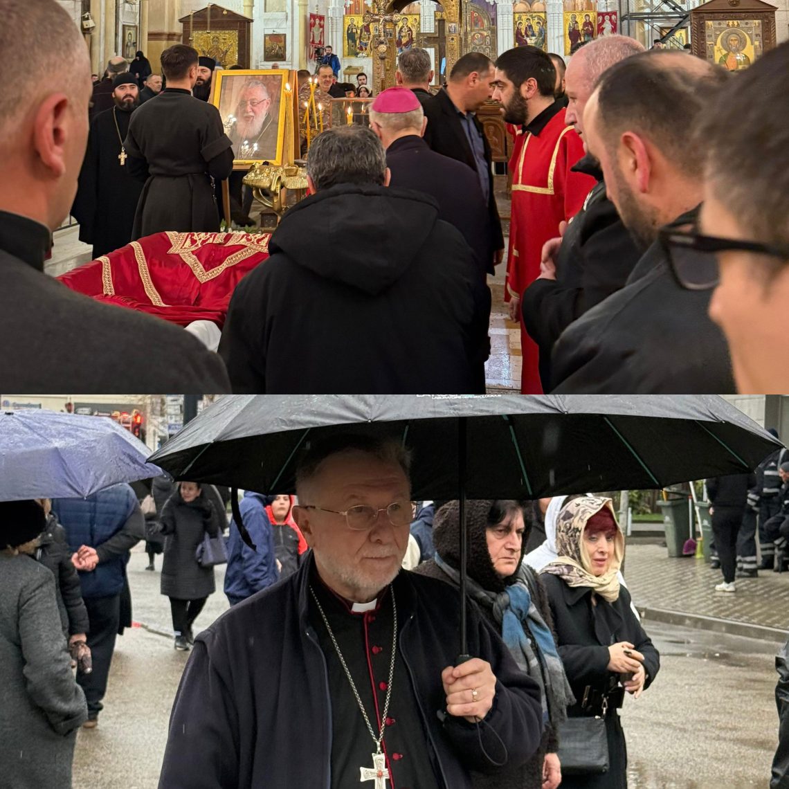 კათოლიკე ეკლესიის ეპისკოპოსი, 5 მღვდელმსახურთან ერთად, სამების ტაძარში, პატრიარქის პანაშვიდზე მივიდა