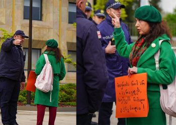 ტერიტორია დაატოვებინეს აქტივისტს, რომელიც კობახიძის ბრიფინგის პარალელურად, კანცელარიასთან, საპროტესტო წარწერით მივიდა